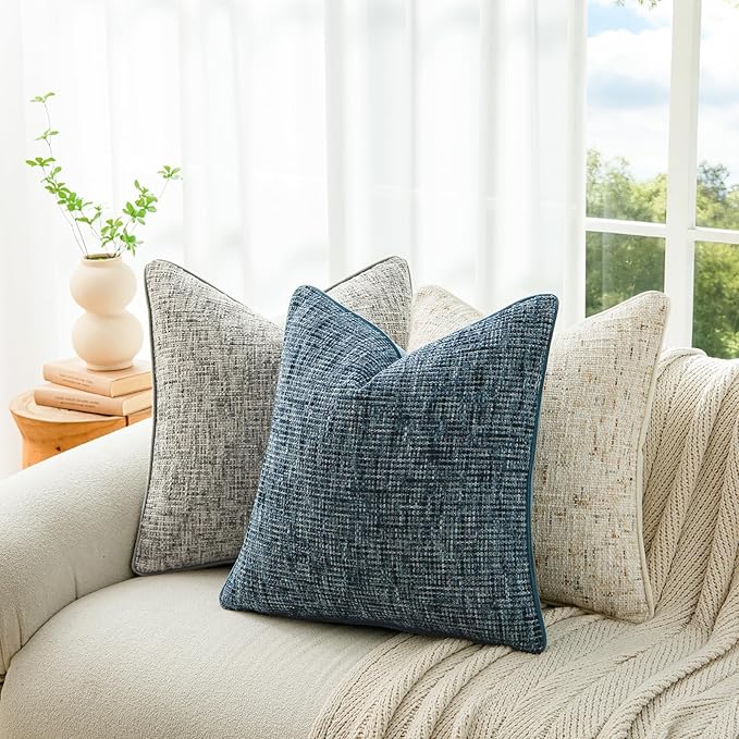 a moment Blue Reversible Pillow Covers 2 Pack - Farmhouse Chenille Throw Pillows, Neutral Textured Decorative Throw Pillow Covers with Border for Couch Sofa Bed (12x20 Inch, No Insert)