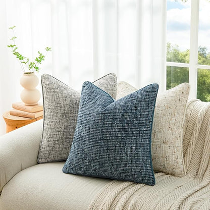 a moment Blue Reversible Pillow Covers 2 Pack - Farmhouse Chenille Throw Pillows, Neutral Textured Decorative Throw Pillow Covers with Border for Couch Sofa Bed (20x20 Inch, No Insert)