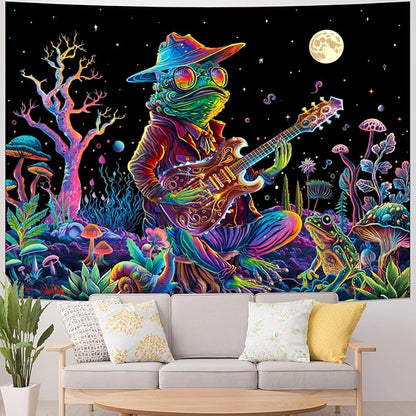 Galoker Blacklight Frog Tapestry Fantasy Neon Mushroom Tapestries UV Reactive Plant Floral Wall Tapestry Galaxy Space Tapestries Wall Hanging for Home Decor(H51.2×W59.1 inches)