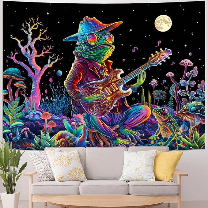 Galoker Blacklight Frog Tapestry Fantasy Neon Mushroom Tapestries UV Reactive Plant Floral Wall Tapestry Galaxy Space Tapestries Wall Hanging for Home Decor(H70.8×W92.5 inches)