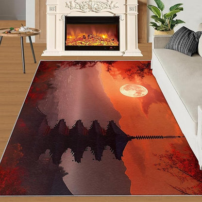 Japanese Style Area Rug 4x5 Washable Rug Red Maple Leaves Rugs for Living Room Sunset Scene Non Slip Carpet Floral Print Mat Bedroom Bathroom