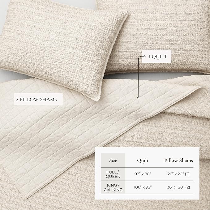 Great Bay Home Full/Queen Size Taupe 100% Cotton Honeycomb Waffle Quilt and Sham Set - Garment Washed, Waffle Weave Like Texture, Lightweight 3-Piece Bedding Set (Natural)