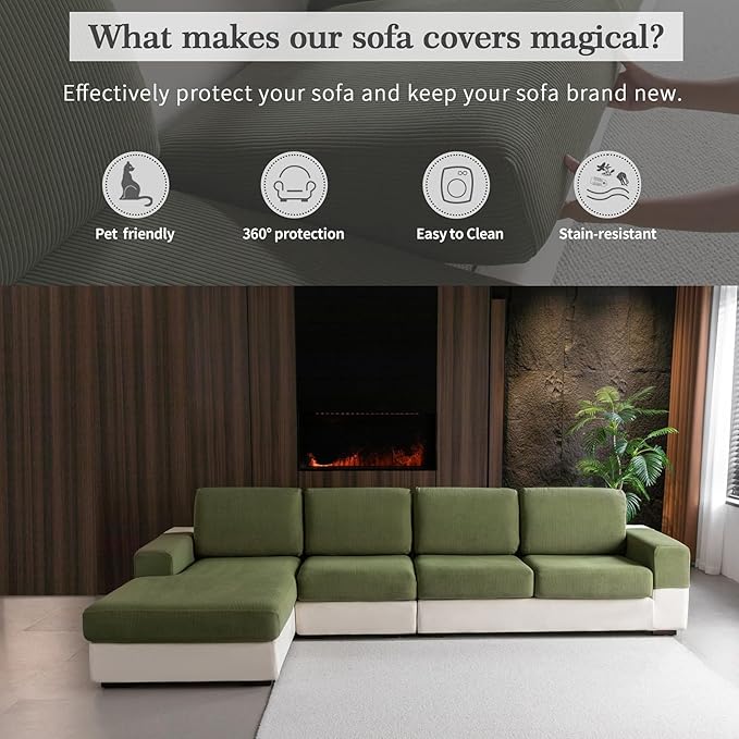 Sectional Couch Covers, Wear Resistant Stretch Sofa Covers Washable Soft Couch Cushion Covers Anti Slip Furniture Protector Sofa Slipcovers for Pets (1 Piece Chair Cover, Green)