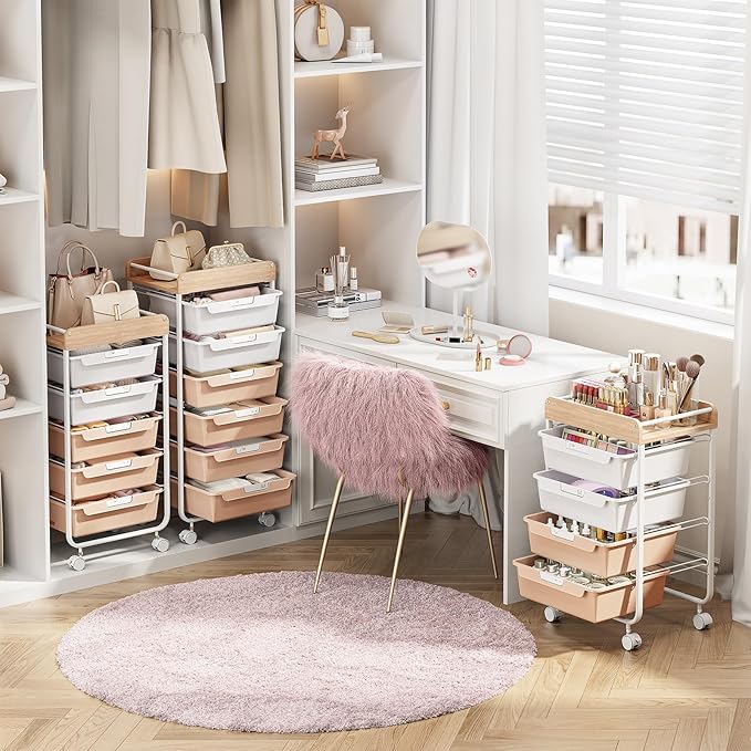 Rolling Storage Utility Cart With 4 Drawers,Kids Craft Art Cart,Makeup Organizer And Storage with Wooden Tabletop,Pearl