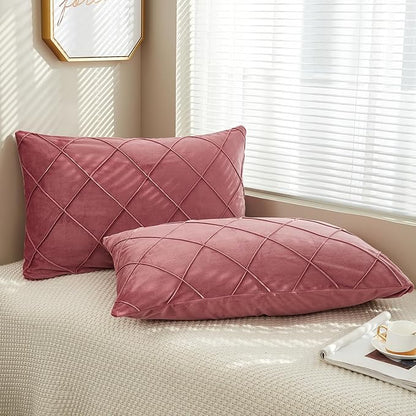 JAUXIO Diamond Pinch Pleated Crystal Velvet Pillowcases 2 Pack Solid Pintuck Throw Cushion Cover for Home Decor Hidden Zipper Closure (Dusty Rose, Standard)