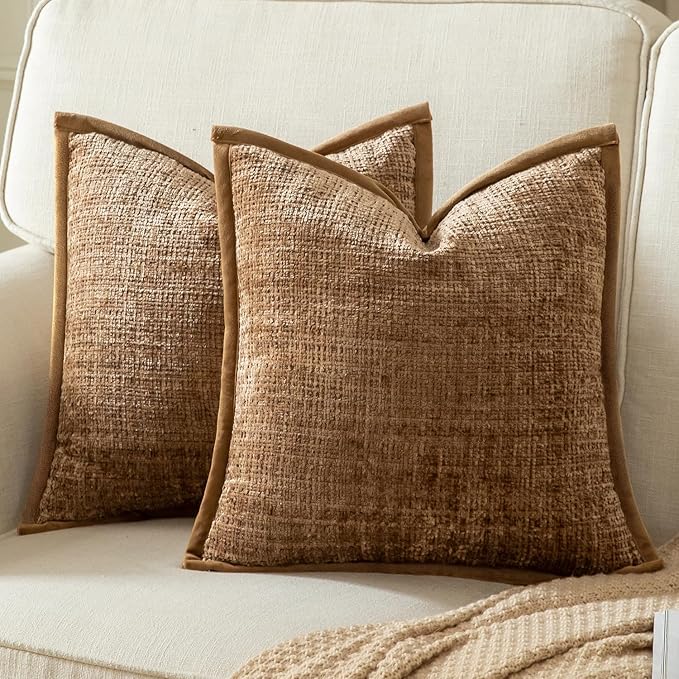 Yaertun Pack of 2 Chenille Textured Decorative Throw Pillow Covers Accent Solid Cushion Cover Soft Cozy Pillow Case with Velvet Back for Couch Sofa Bed Living Room 22x22 Inch Light Brown