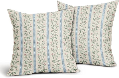 Vintage Floral Pillow Covers 22x22 Set of 2 Striped Boho Decor Blue Green Pillowcases Summer Printed Grand Millenial Throw Pillow Covers with Zipper Soft Cozy for Sofa Bed Chair Home Decoration