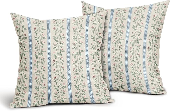 Vintage Floral Pillow Covers 20x20 Set of 2 Striped Boho Decor Blue Green Pillowcases Summer Printed Grand Millenial Throw Pillow Covers with Zipper Soft Cozy for Sofa Bed Chair Home Decoration