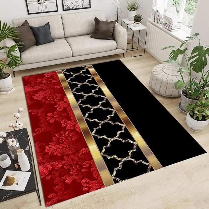 Modern European Style Luxury Art Area Rug, Black Red Gold Splicing Geometry Print Carpet, Easy Clean Carpet Washable Indoor Non-Slip Rug for Boys and Girls Nursery Bed Living Room Decor,5 x 7ft