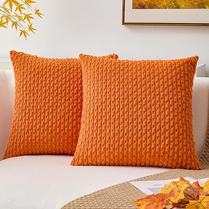 Kevin Textile Fall Pack of 2 Corduroy Decorative Throw Pillow Covers 16x16 Inch Soft Boho Striped Pillow Covers Modern Farmhouse Home Decor for Spring Sofa Living Room Couch Bed Orange