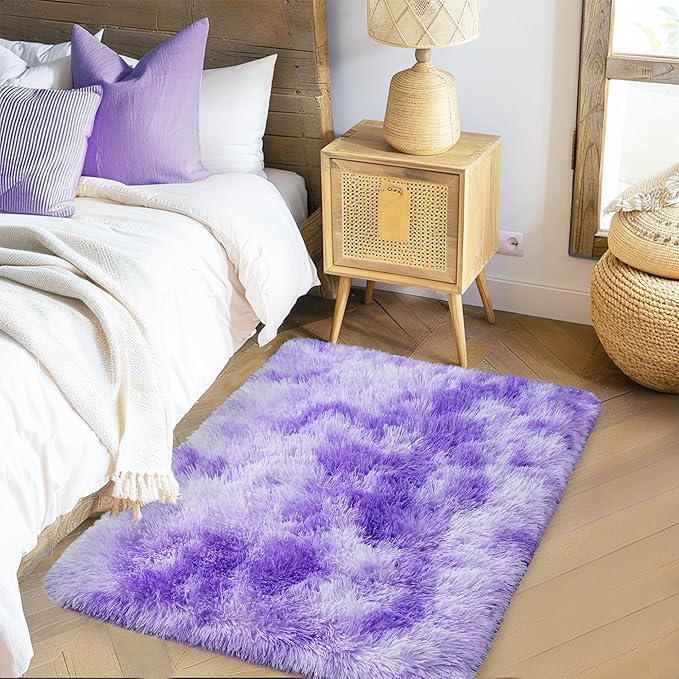 Small Rugs for Bedroom, Fuzzy Throw Rug for Living Room Dorm, Soft Fluffy Bedroom Rug, Non Slip Shag Rugs, Modern Indoor Home Decor Aesthetic, 2x3 Feet, Tie-Dyed Purple
