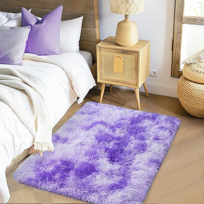 Small Rugs for Bedroom, Fuzzy Throw Rug for Living Room Dorm, Soft Fluffy Bedroom Rug, Non Slip Shag Rugs, Modern Indoor Home Decor Aesthetic, 2x3 Feet, Tie-Dyed Purple