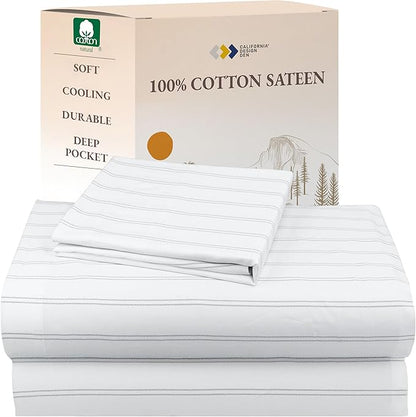 California Design Den Stripe Sheet Set Twin XL, 100% Cotton Twin XL Sheet Set, Deep Pocket Twin XL Size Sheets & Pillowcase Set, Soft Sateen Weave - Classic Stripe
