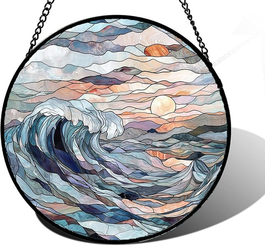 DASTOLL Stained Glass Window Hanging, Sunrise Waves Sun Catchers Diamond Glass Panel Hangings Abstract Suncatcher Decor for Birthday for Women, Men, Wife, Aunt, and Mom 11.8x11.8 in