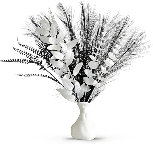 Modern Artificial Flower Arrangement, 17-Inch Black and white Faux Eucalyptus and Grass Bouquet, Minimalist Nordic Home Decor, Suitable for Fireplaces, Dining Tables, offices, (Vase Not Included)
