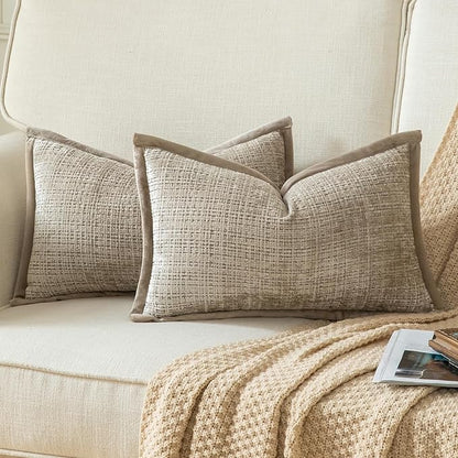Yaertun Pack of 2 Chenille Textured Decorative Throw Pillow Covers Accent Solid Cushion Cover Soft Cozy Pillow Case with Velvet Back for Couch Sofa Bed Living Room 16x24 Inch Khaki