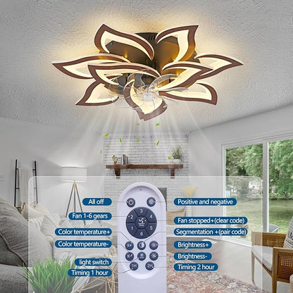 HuixuTe 32" Modern Wood Geometric Ceiling Fan with Lights Remote Control, LED Low Profile Ceiling Fan with Light for Living Room