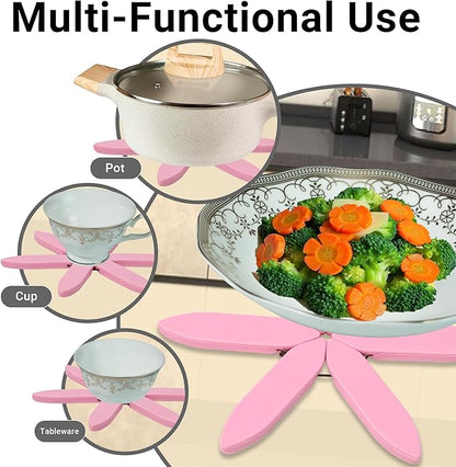 Silicone Trivets Mat Set for Hot Dishes - Tree Trivets with Stand - Hot Pads Pot Holders for Kitchen (Pink)