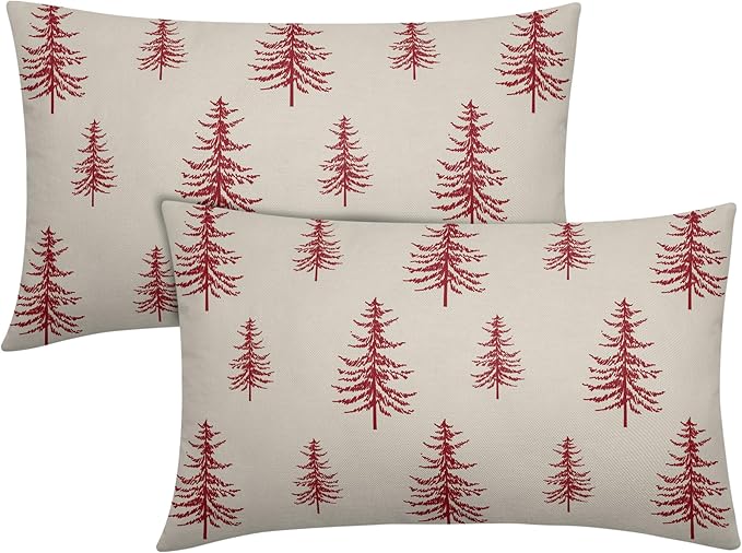 Christmas Tree Lumbar Pillow Covers 12x20 Set of 2 Red Xmas Vintage Winter Print Decorative Outdoor Linen Throw Pillows Cases Cushion Cover Rustic Holiday Decoration Farmhouse Sofa Couch Bed Decor