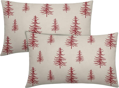 Christmas Tree Lumbar Pillow Covers 12x20 Set of 2 Red Xmas Vintage Winter Print Decorative Outdoor Linen Throw Pillows Cases Cushion Cover Rustic Holiday Decoration Farmhouse Sofa Couch Bed Decor