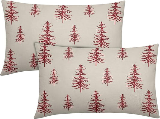Christmas Tree Lumbar Pillow Covers 12x20 Set of 2 Red Xmas Vintage Winter Print Decorative Outdoor Linen Throw Pillows Cases Cushion Cover Rustic Holiday Decoration Farmhouse Sofa Couch Bed Decor