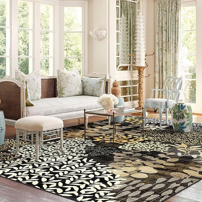 DEXDE 5x7 Area Rugs, Washable Non-Slip Abstract Boho Soft Rug for Living Room Bedroom,Leaves Floral Print Large Carpet for Entryway Playroom Office, Black