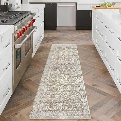 Vintage Floral 2x6 Runner Rug, Beige Tan White Washable Kitchen Runner Rug Non-Slip Neutral Hallway Rug Runner Thin Printed Faux Wool Super Soft Carpet for Entryway Bedroom Laundry Room Indoor