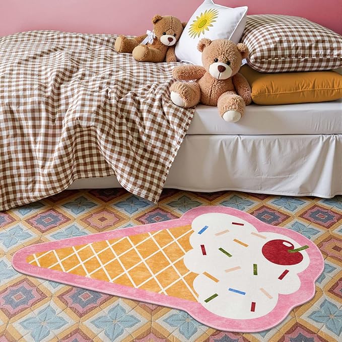 jinchan Cute Fun Rug Ice Cream Shaped Playroom Mat Washable Pastel Cone Cool Rug Soft Funny Mat Non Slip Unique Doormat Lightweight Anime Funky Gift for Girls Kids Dorm Bedroom, 30''x48''