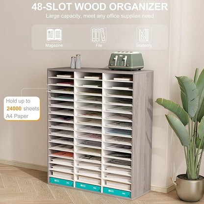 TQVAI Literature Organizer, Heavy Duty 48 Compartments Countertop Mail Organizer with Adjustable Shelves, Wooden Desk Paper Storage Organizer, Mailboxes Cubbies for Office, Classroom, Retro Grey/White