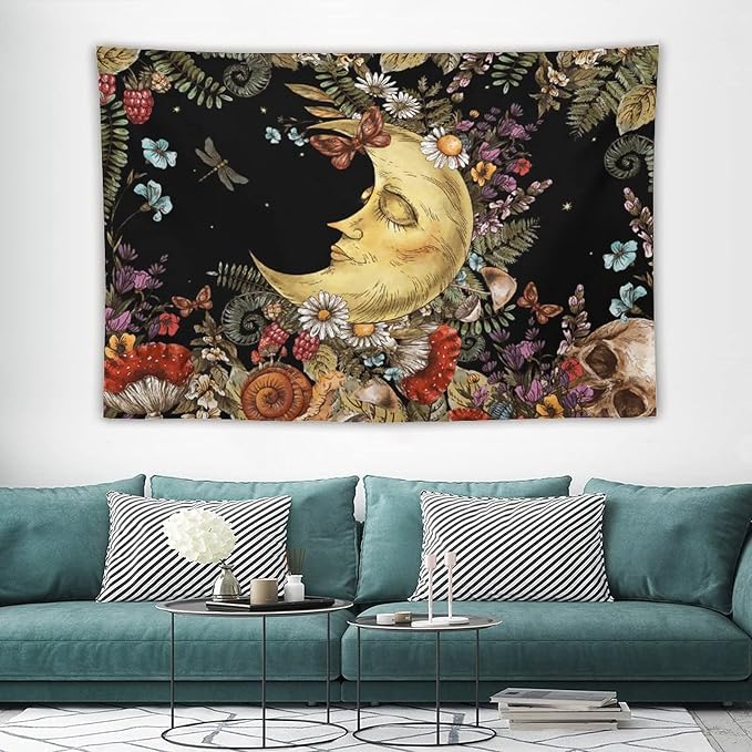 Boho Moon Tapestry Wall Hanging,Vintage Sun and Moon Skull Hippie Mushroom Floral Plant Tapestries for Dorm Living Room Bedroom Decor(60"x90")