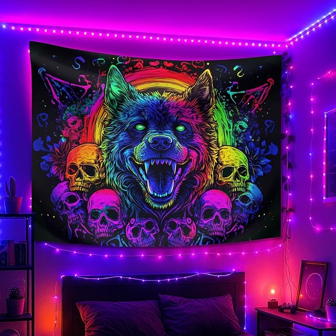 seewan Black Light Wolf Tapestry, Glow-in-the-Dark UV Neon Fierce Wolf and Skull Wall Hanging, Psychedelic Gothic Animal Art Tapestry, Bedroom Dorm Living Room Background Decor
