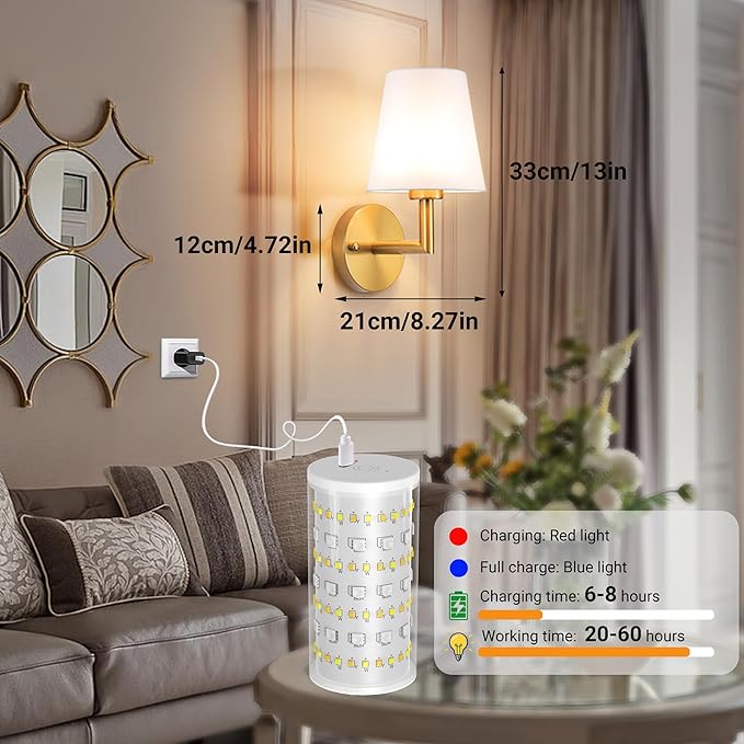 Battery Operated Wall Sconces Set of 2, Wireless Wall Light with 10000mAh RGB Dimmable Magnetic Bulb, Rechargeable Wall Sconce with Remote Control for Bedroom Living Room