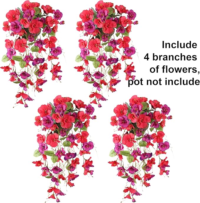 Fake Hibiscus Artificial Hanging Flowers Plants for Outdoors Spring Decoration, 4pcs Silk Hibiscus Vines Realistic UV Resistant Faux Flowers for Outside Planter Porch Patio Yard Wedding Party, Mix