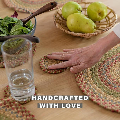 Homespice Azalea Jute Braided Oval Placemats, Warm Country Primitive Decor, Set of 6, 13x19 Multicolor Table Mats - Vibrant Colors, Durable, Easy to Clean and Protects Furniture