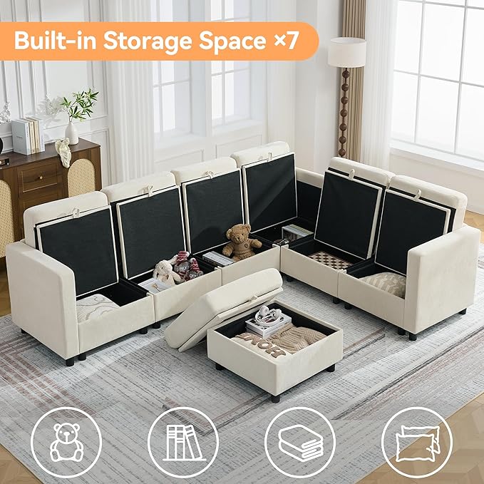 104'' V Shaped Modular Sofa, Sectional Couch with Storage for Living Room, Modern 7 Seater Cloud Sectional Couch with Movable Ottoman, Chenille Beige