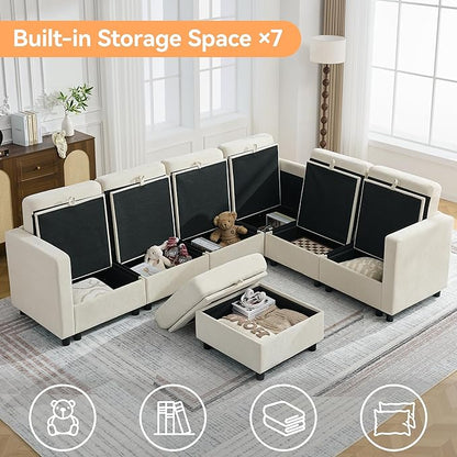 104'' V Shaped Modular Sofa, Sectional Couch with Storage for Living Room, Modern 7 Seater Cloud Sectional Couch with Movable Ottoman, Chenille Beige