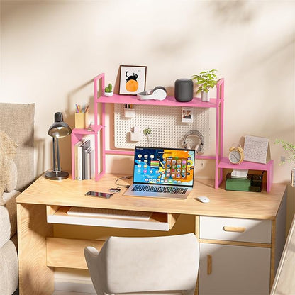 WelFurGeer LED Desk Shelf Organizer with RGB Light Strip, 2-Tier Desktop Shelf for Computer Monitor, Sturdy Metal Frame & Wood Shelves - Desk Hutch Bookshelf for Home Office, Dorm, Gaming Setup (Pink)