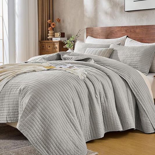 DOWN HOME King Quilt Bedding Set with Shams, Vintage Washed Soft Quilted Blanket Thin Comforter Lightweight Bedspread Coverlet Bed Cover, Brushed Microfiber Stripe Stitching, Light Gray, 104"x90"