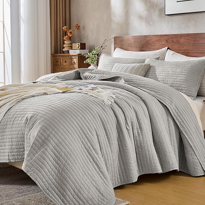 DOWN HOME Queen Quilt Bedding Set with Shams, Vintage Washed Soft Quilted Blanket Thin Comforter Lightweight Bedspread Coverlet Bed Cover, Brushed Microfiber Stripe Stitching, Light Gray, 86"x90"