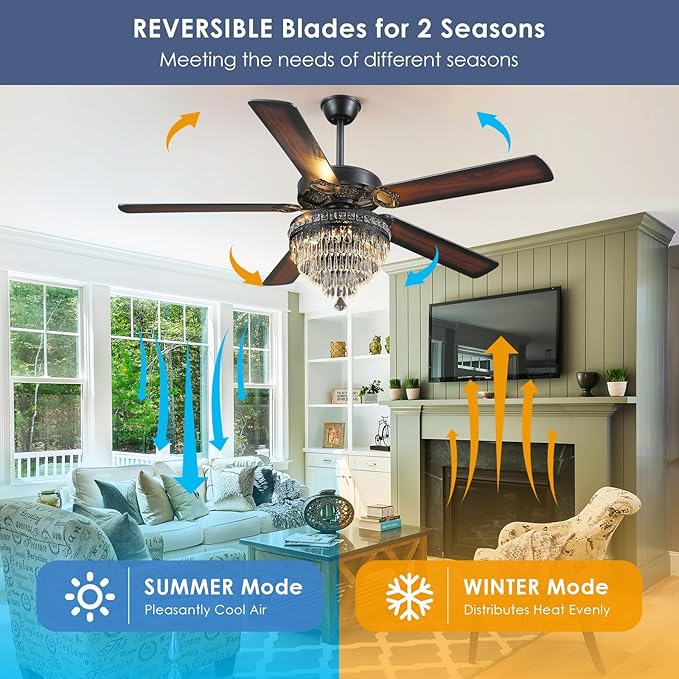 Asyko Crystal Ceiling Fan Fandelier with Lights - Modern Outdoor Fans with Remote Control，Noiseless DC Motor, Retro/Farmhouse Lighting, Dining Room， Living Room (62")