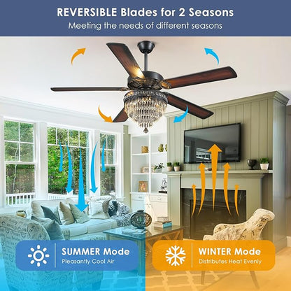 Asyko Crystal Ceiling Fan Fandelier with Lights - Modern Outdoor Fans with Remote Control，Noiseless DC Motor, Retro/Farmhouse Lighting, Dining Room， Living Room (62")