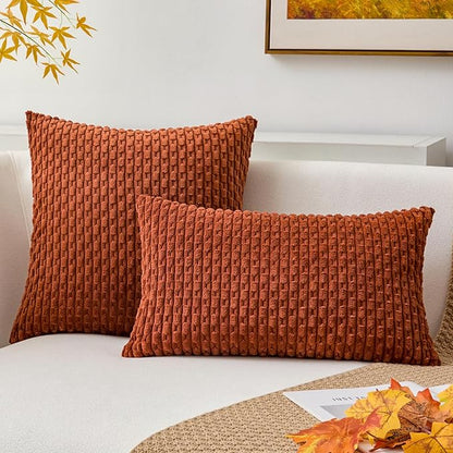 Kevin Textile Fall Throw Pillow Covers Soft Corduroy Decorative Set of 2 Boho Striped Pillow Covers Pillowcases Farmhouse Home Decor for Couch Bed Sofa Living Room 26x26 Inch Rust Brown