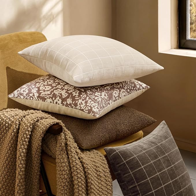 MIULEE Decorative Chenille Check Throw Pillow Covers Vintage Plaid Couch Pillows 20x20 Inch Set of 2 Neutral Boho Farmhouse Cushion Covers Modern Spring Home Decor for Sofa Bed Living Room Beige
