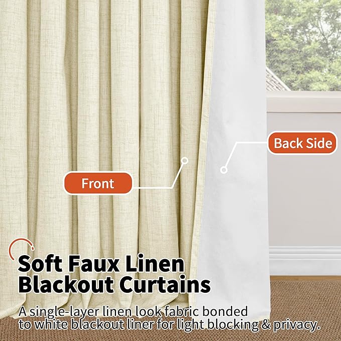 Lajode Linen Blackout Curtains 54 Inch Length 2 Panels for Bedroom, Thermal Insulated Total Light Blocking Noise Reducing Window Curtains for Farmhouse, Bronze Grommet, Cream, Each 52" Wide