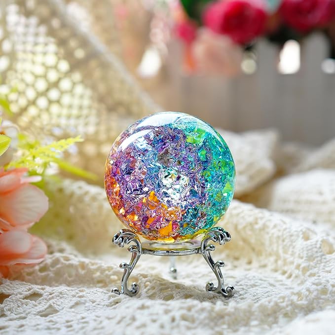 ZEERSHEE 60mm Colorful Ice Cracked Crystal Ball with Stand Decorative Glass Ball Paperweight for Home Wedding Office Christmas Decor