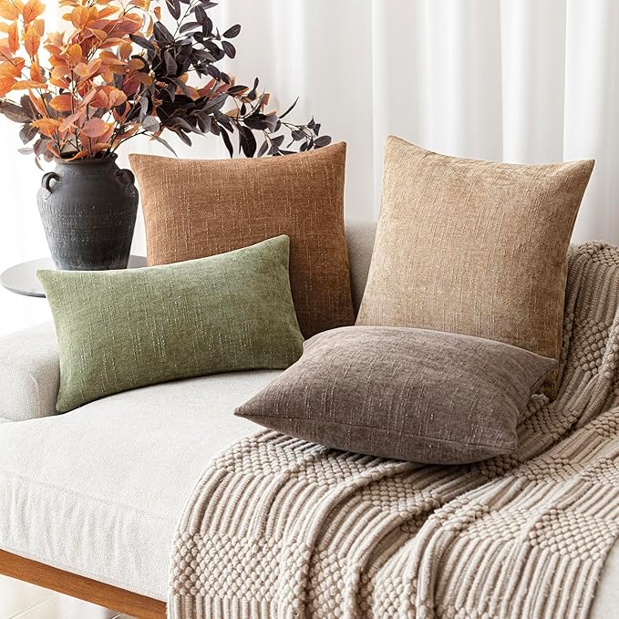 Foindtower Pack of 2 Textured Chenille Throw Decorative Pillow Covers Square Accent Solid Cushion Cover Neutral Farmhouse Lumbar Pillow Case for Couch Sofa Bedroom Living Room 12x24 Inch,Sage Green