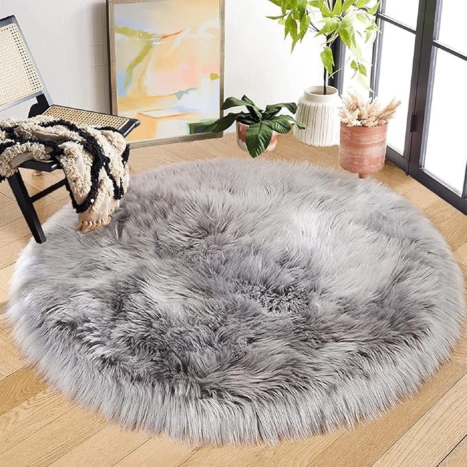 Silver Grey Shag Faux Sheepskin Fuzzy Fur Rugs for Bedroom Circle Plush Washable Furry Fur Area Rugs for Living Room Nursery 4ft X 4ft Rug