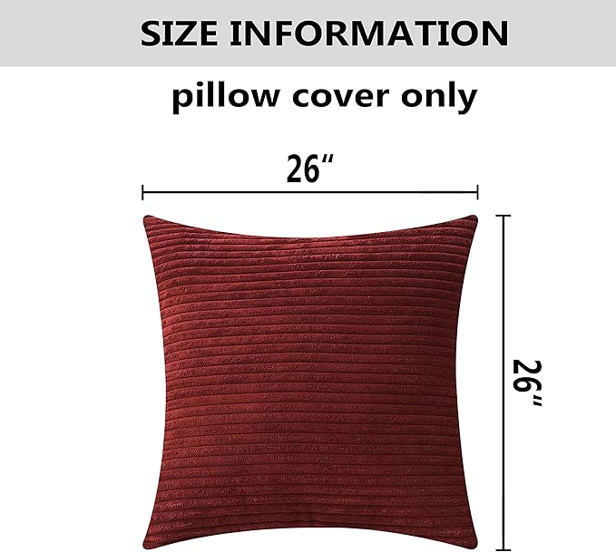 Home Brilliant Red Pillow Covers 26x26 2 Pack Euro Sham Super Soft Striped Corduroy Large Throw Pillow Cover Living Room Valentine's Decor, 26 x 26 Inches, 66x66 cm, Burgundy