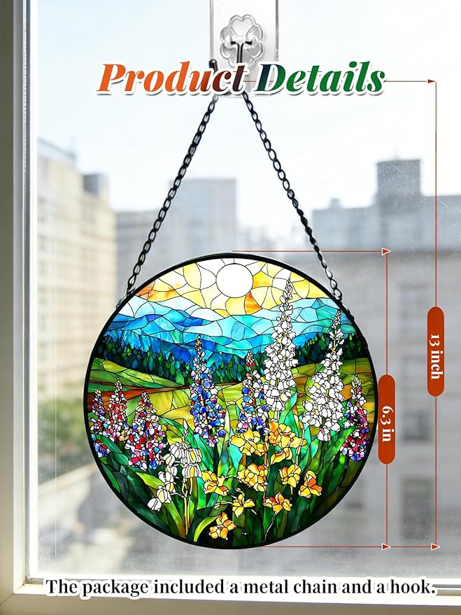 Stained Glass Window Hanging, Wildflowers Plant Scenery Suncatcher for Door Home Decor,Valley Sunrise Sun Catcher Ornament Mother's Day Birthday Gifts for Women Men Mom 6.3 in