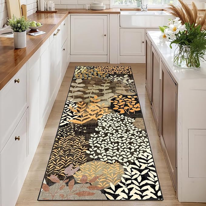 DEXDE Runner Rug 2x6, Washable Hallway Boho Soft Area Rugs Abstract Long Non Slip Botanical Leaves Floral Print Carpet for Entryway Kitchen Laundry Bedroom,Black